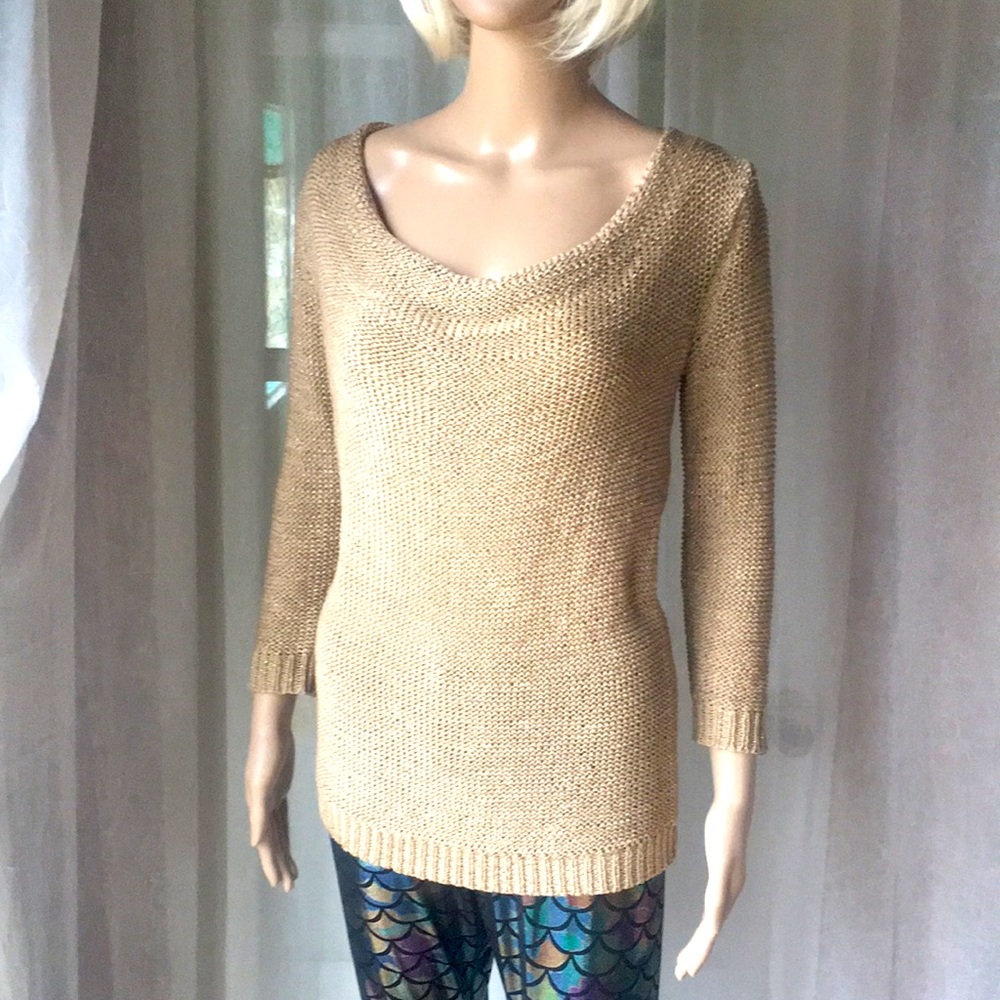 Dana Buchman Gold Mesh Sweater Hip Length with Scoop Neckline, 3/4 sleeves